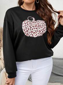 SHEIN LUNE Plus Leopard Print Drop Shoulder Sweatshirt - Black - View 1