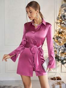 SHEIN Privé 素色側打結緞面襯衫洋裝 - 粉色 - 查看 6