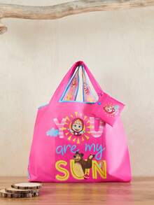 SHEIN X Masha and The Bear 粉紅色和藍色色塊可愛卡通人物,熊、太陽和雲朵圖案裝飾可折疊購物袋返校,老師禮物理想禮物,感謝禮物創意,欣賞禮物,印有字母的禮品袋,可重複使用,教師包教育者,媽媽理想新娘女傭禮物 - 粉色 - 查看 3