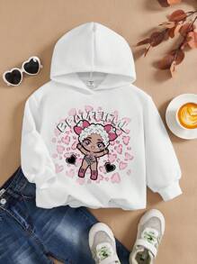 Young Girl Cartoon & Letter Graphic Sweatshirt - White - View 6