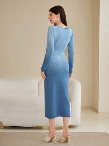 Mulvari 漸層V領毛衣洋裝不附腰帶 - 藍色 - 查看 2