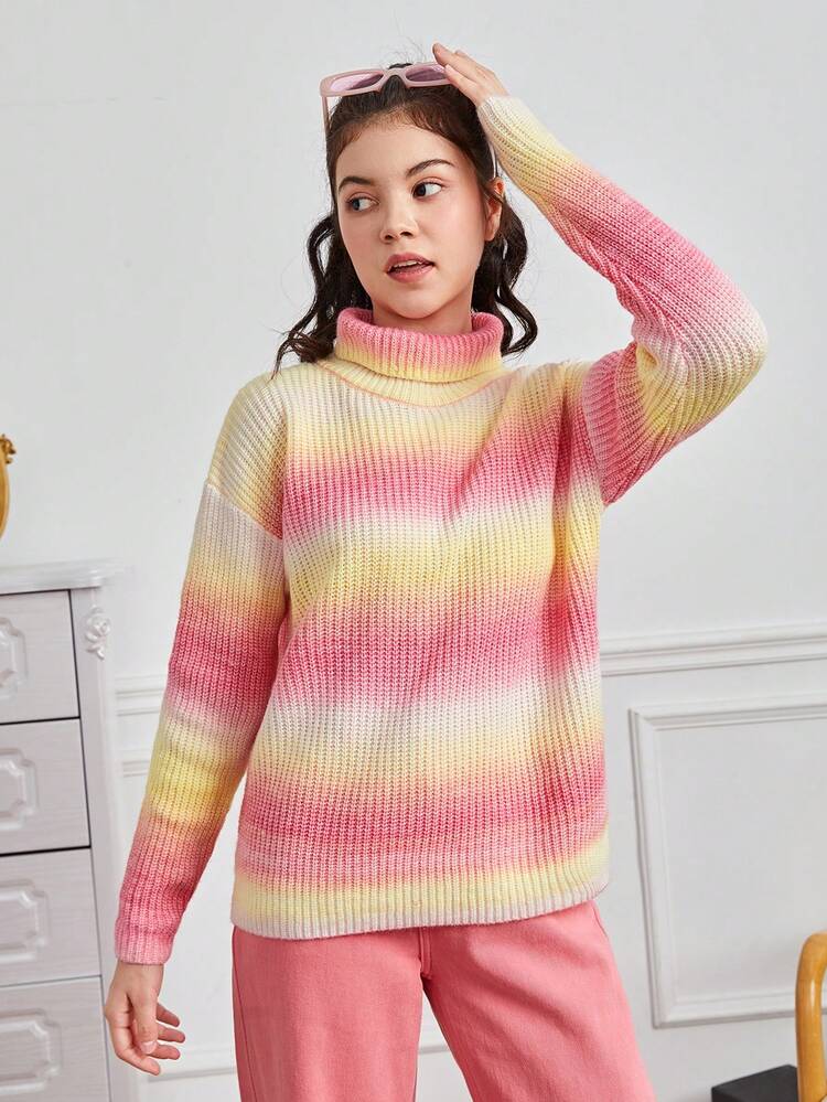 Teen Girl Ombre Turtleneck Drop Shoulder Sweater