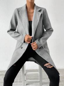 SHEIN Essnce Abrigo de cuello con solapa de doble botonadura - Gris - Ver 3