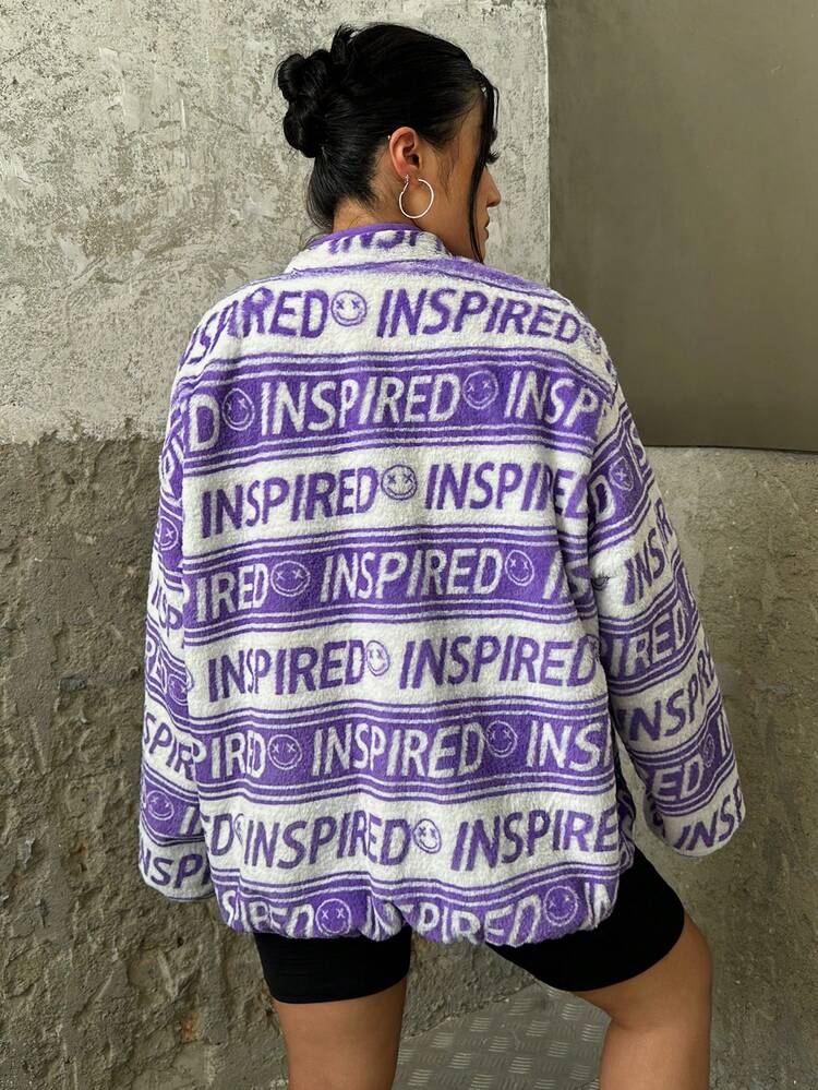 Plus Letter Graphic Drop Shoulder Teddy Coat