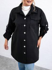 Calvaya Plus Roll Tab Sleeve Flap Pocket Overcoat - Black - View 3