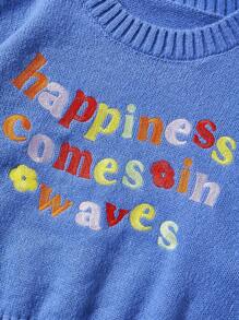 SHEIN EZwear 標語刺繡落肩袖套頭毛衣 - 藍色 - 查看 2