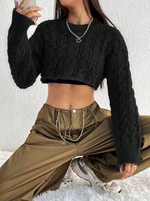 Flirla Women's Round Neck Drop Shoulder Long Sleeve Cropped Textured Knit Sweater - Black - View 5