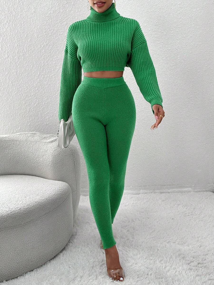 Chiquease 高領落肩袖短款毛衣和針織褲 - 綠色 - 查看 1