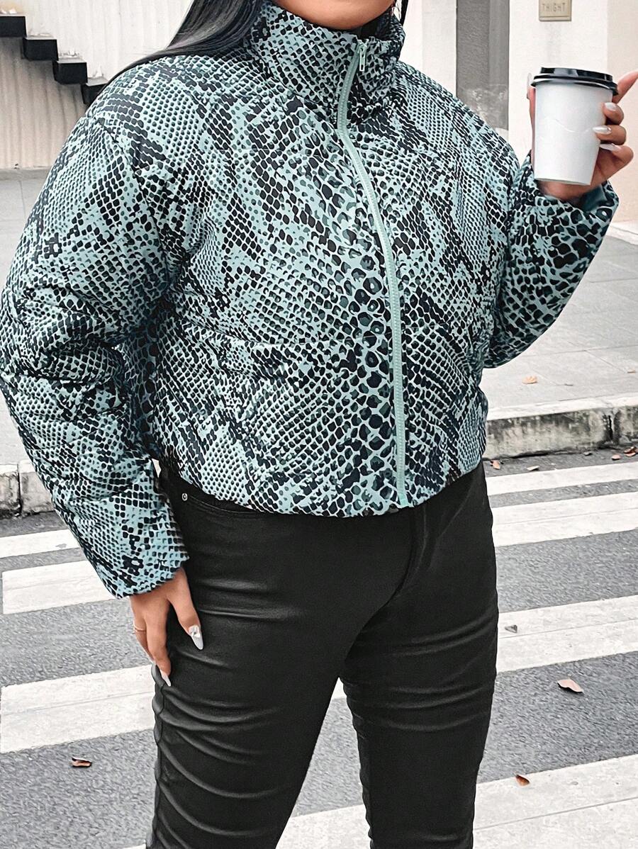 Flirla Plus Snakeskin Print Zip Up Padded Padded Coat Clothes Winter Thermal - Green - View 1