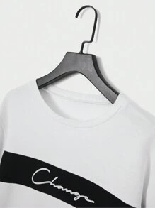 EURMUSE Men Letter Graphic Sweatshirt & Drawstring Waist Sweatpants - Black and White - View 3