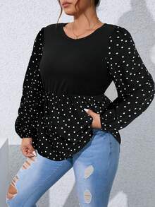 SHEIN LUNE Hơn In vết tròn Polka Tay áo lồng đèn Áo sơ mi Peplum - màu đen - Xem 3