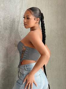 SHEIN SXY Lace Up Side Bandana Hem Tube Top - Grey - View 5