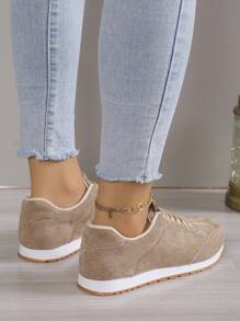 秋冬女士纯色户外系带舒适休闲运动鞋 - 卡其色 - 查看 5