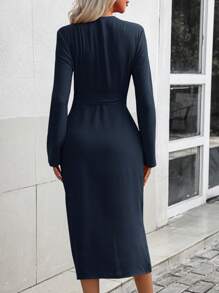 SHEIN Clasi 卷袖系带衬衫裙长款女装 - 藏蓝色 - 查看 2