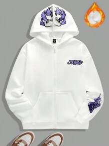 Manfinity EMRG 寬鬆版型男士字母和卡通圖形帶加厚保暖襯裡的拉鍊前帽裝運動衫 - 白色 - 查看 1