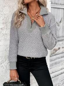 SHEIN LUNE Áo len chui đầu tay dài phối màu tương phản, khóa kéo ¼, vai rớt, thích hợp cho mùa thu đông. - Xám - Xem 4