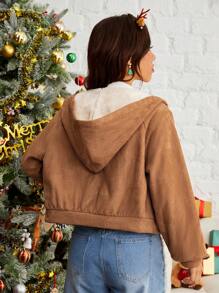 Muchica 拉鏈開襟插肩袖加絨內裏連帽夾克 - 駝色 - 查看 2