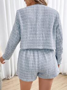SHEIN Franclia Plus Plaid Print Button Front Jacket & Shorts - Blue and White - View 2