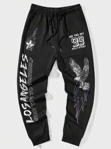 ROMWE MEN Street Life Men Elastic Waist Text Printed Sweatpants - Black - View 1