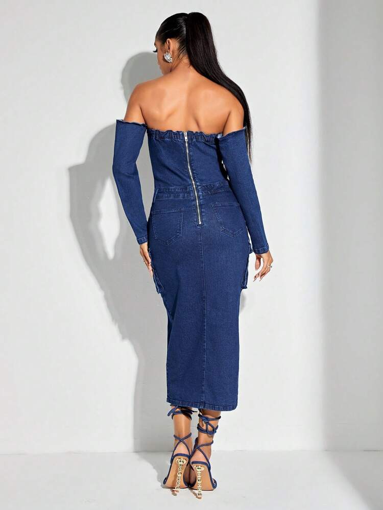 Off Shoulder Flap Pocket Split Thigh Denim Dress
