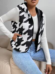 Chiquease Houndstooth Print Hooded Vest Padded Padded Coat Clothes Winter - Black and White - View 6