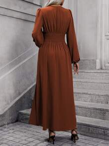 EMERY ROSE Lantern Sleeve Ruched Split Thigh Dress Maxi Women Outfit Fall Cloth For Women