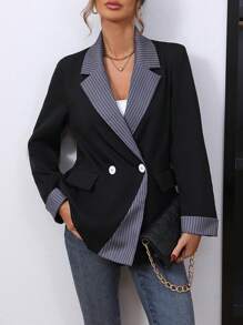 SHEIN Privé Striped Print Double Button Blazer - Black - View 4