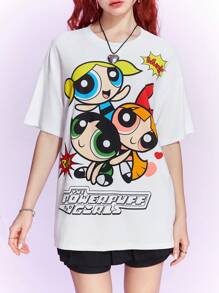 The Powerpuff Girls | ROMWE Camiseta de hombro caído con gráfico de dibujos animados, escolar - Blanco - Ver 2