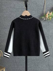 SHEIN 男小童撞色條紋飾邊雙口袋前紐扣開襟衫 - 黑色 - 查看 2