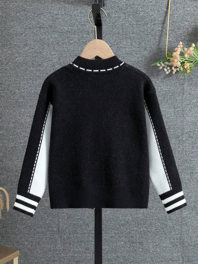 SHEIN 男小童撞色條紋飾邊雙口袋前紐扣開襟衫 - 黑色 - 查看 2