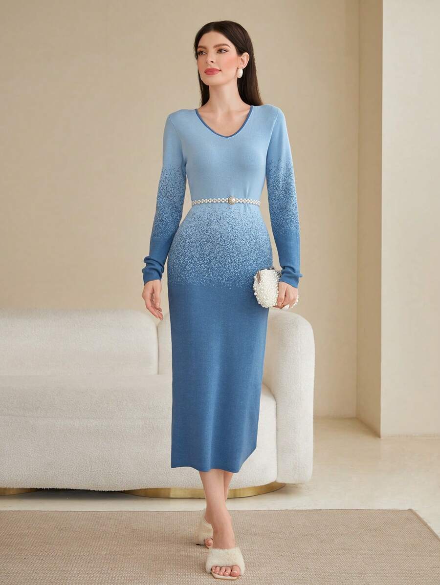 Mulvari 漸層V領毛衣洋裝不附腰帶 - 藍色 - 查看 1