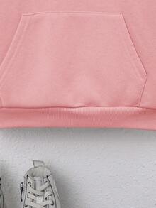 SHEIN 女小童字母圖案袋鼠口袋落肩袖運動衫 - 粉色 - 查看 3