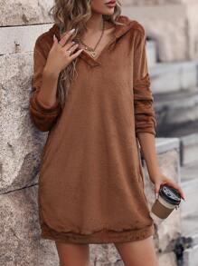 SHEIN Essnce 素色連帽衛衣裙 - 棕色 - 查看 1