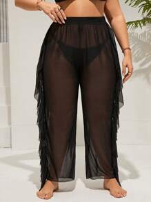 Swim Lushoire Summer Beach Plus Ruffle Trim Sheer Mesh Cover Up Pants - Black - View 1