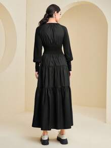 Seusyu Chất rắn Xù Hoa Sen Tay Raglan Đầm - màu đen - Xem 5