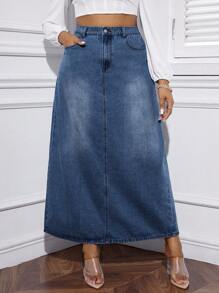 SHEIN EZwear Plus High Waist Slant Pocket Denim Skirt - Dark Wash - View 1