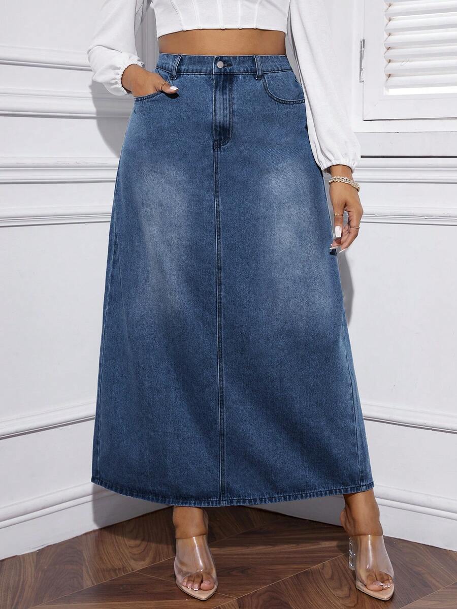 SHEIN EZwear Plus High Waist Slant Pocket Denim Skirt - Dark Wash - View 1