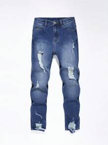 Tween Boy Ripped Frayed Bleach Wash Jeans - Blue - View 1