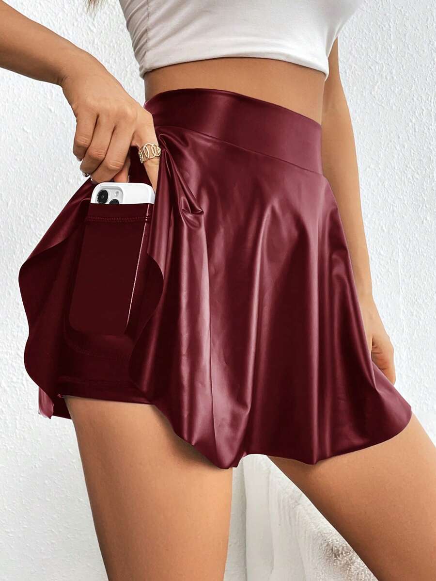 SHEIN Essnce Boho Skorts For Women Western Wear Women Metallic Silver Inner Pocket Shorts Women's Solid Color Elastic Waist Skirt Shorts With Pockets - Burgundy - View 1
