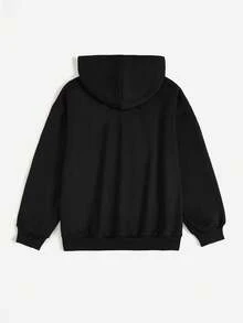 SHEIN Coolane 卡通圖案落肩袖抽繩連帽衫 - 黑色 - 查看 2