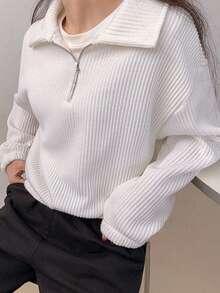 DAZY Solid Half Zip Drop Shoulder Ribbed Knit Sweatshirt - White - View 7