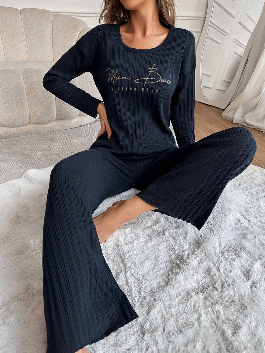 RueChic Letter Graphic Ribbed Knit Lounge Set - Navy Blue - View 1