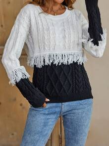 SHEIN LUNE 雙色流蘇邊麻花編織落肩袖套頭毛衣 - 黑與白 - 查看 3