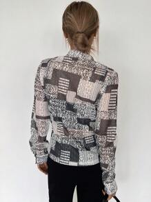 DAZY Colorblock Button Front Shirt Long Sleeve Top - Grey - View 2