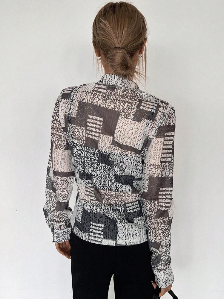 Colorblock Button Front Shirt Long Sleeve Top