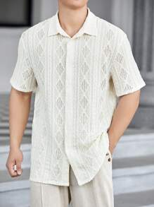 Manfinity VCAY Men Solid Button Up Shirt Baggy Short Sleeve Crochet Collar Plain White Vacation Shirt - White - View 1