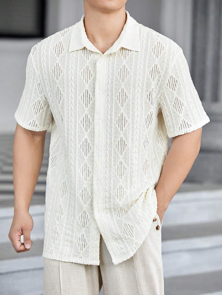 Manfinity VCAY Men Solid Button Up Shirt Baggy Short Sleeve Crochet Collar Plain White Vacation Shirt - White - View 1