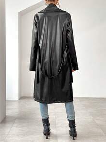 SHEIN Privé Lapel Neck Belted PU Leather Coat - Black - View 2