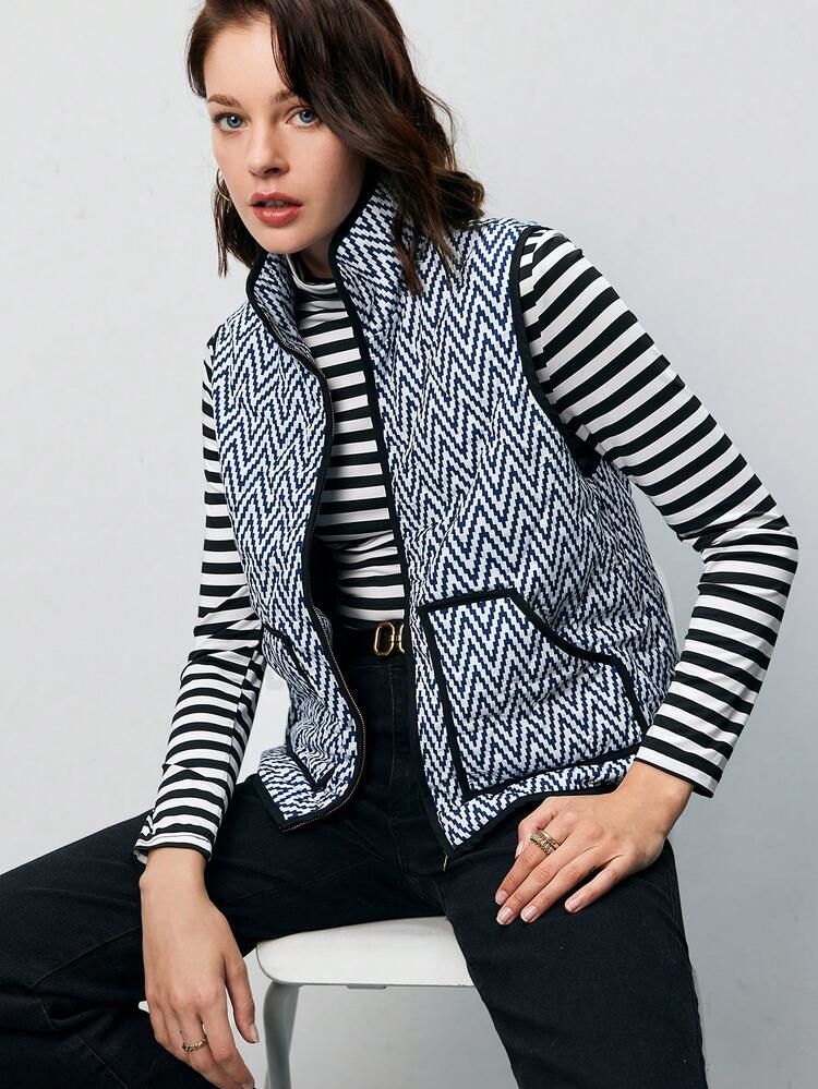 Chevron Print Contrast Binding Vest Padded Coat