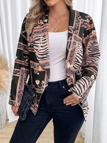 SHEIN Franclia 大碼鏈條和圍巾圖案青果領西裝外套 - 黑色 - 查看 3